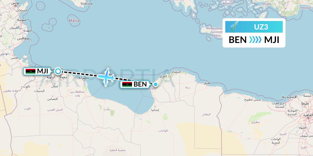 UZ3 Buraq Air Flight Map: Benghazi to Tripoli