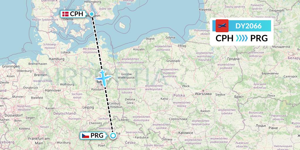 DY2066 Norwegian Flight Map: Copenhagen to Prague
