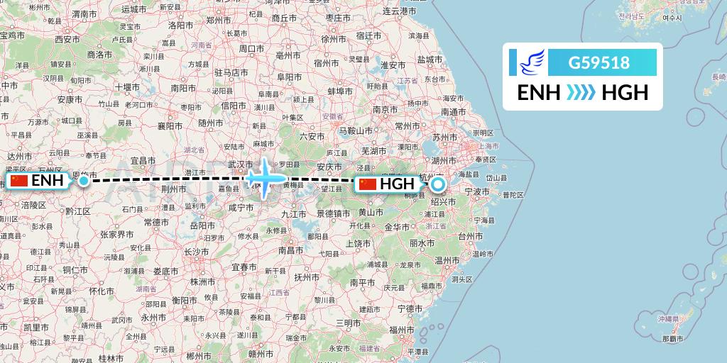 G59518 China Express Airlines Flight Map: Enshi to Hangzhou