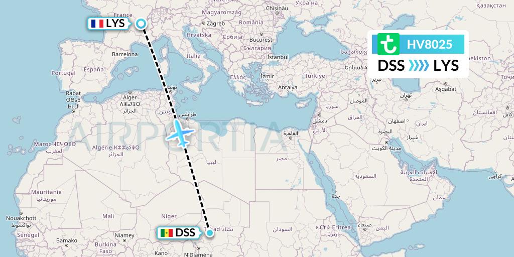 HV8025 Transavia Flight Map: Dakar to Lyon
