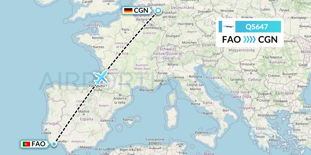 QS647 Smartwings Flight Map: Faro to Cologne