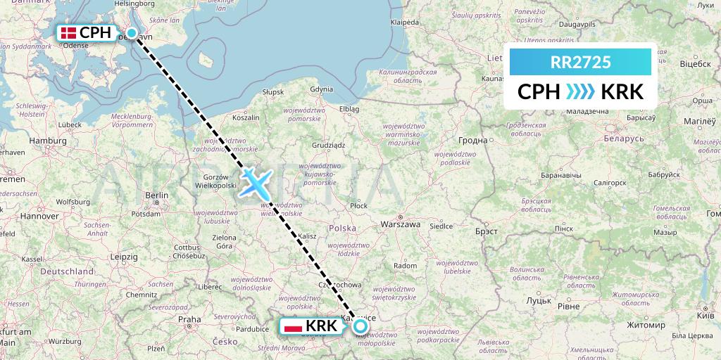 RR2725 Royal Air Force Flight Map: Copenhagen to Krakow