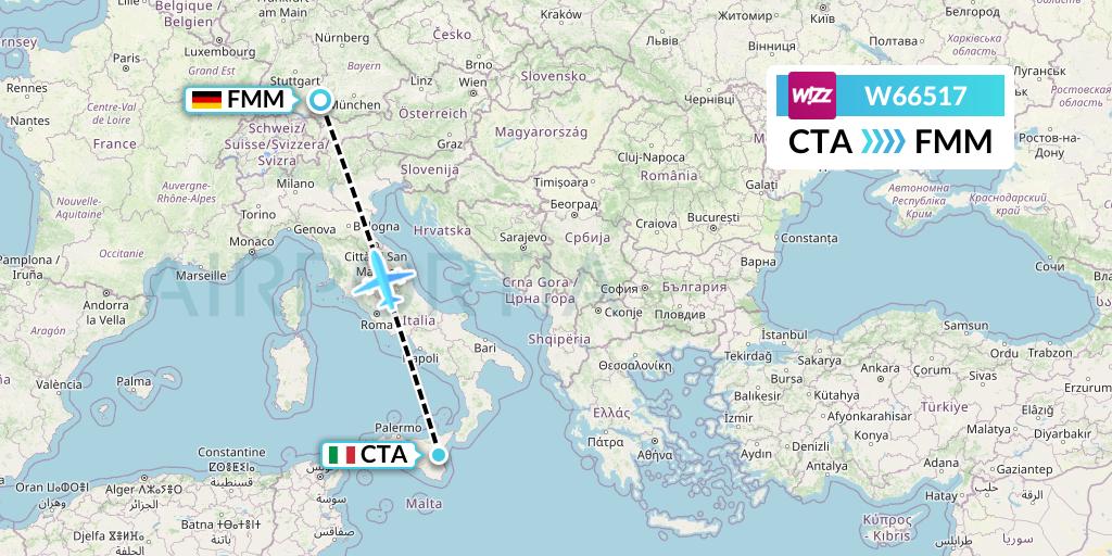 W66517 Wizz Air Flight Map: Catania to Memmingen