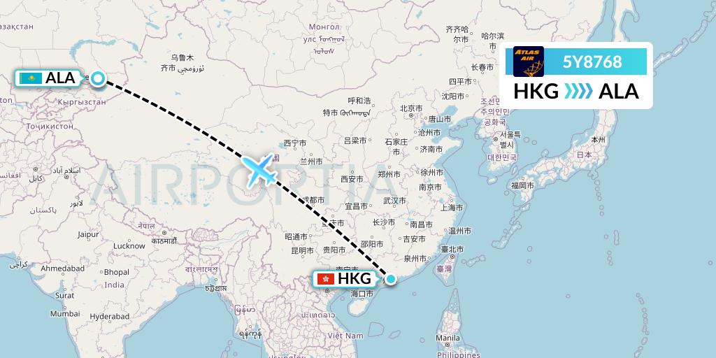 5Y8768 Atlas Air Flight Map: Hong Kong to Almaty