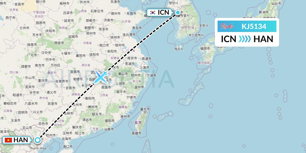 KJ5134 Air Incheon Flight Map: Seoul to Hanoi