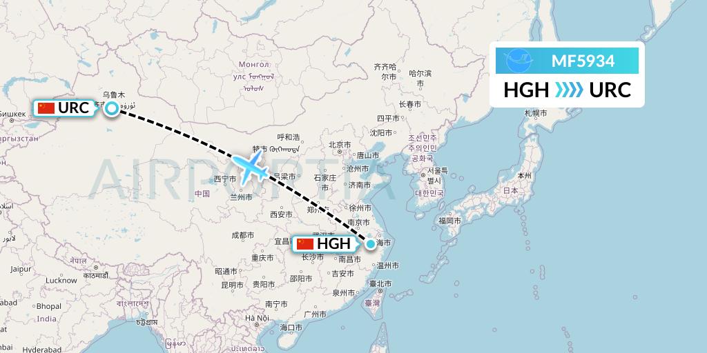 MF5934 Xiamen Airlines Flight Map: Hangzhou to Urumqi