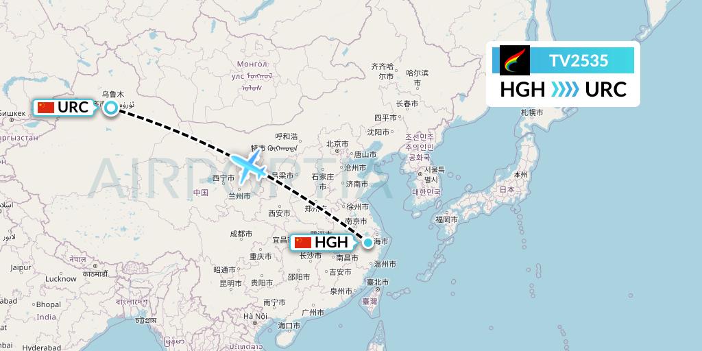 TV2535 Tibet Airlines Flight Map: Hangzhou to Urumqi