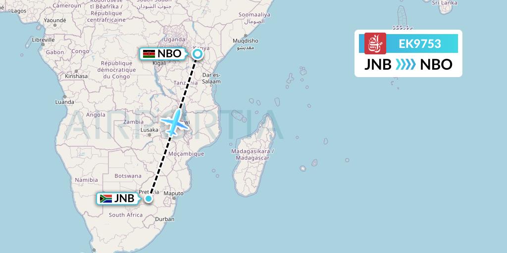 EK9753 Emirates Flight Map: Johannesburg to Nairobi
