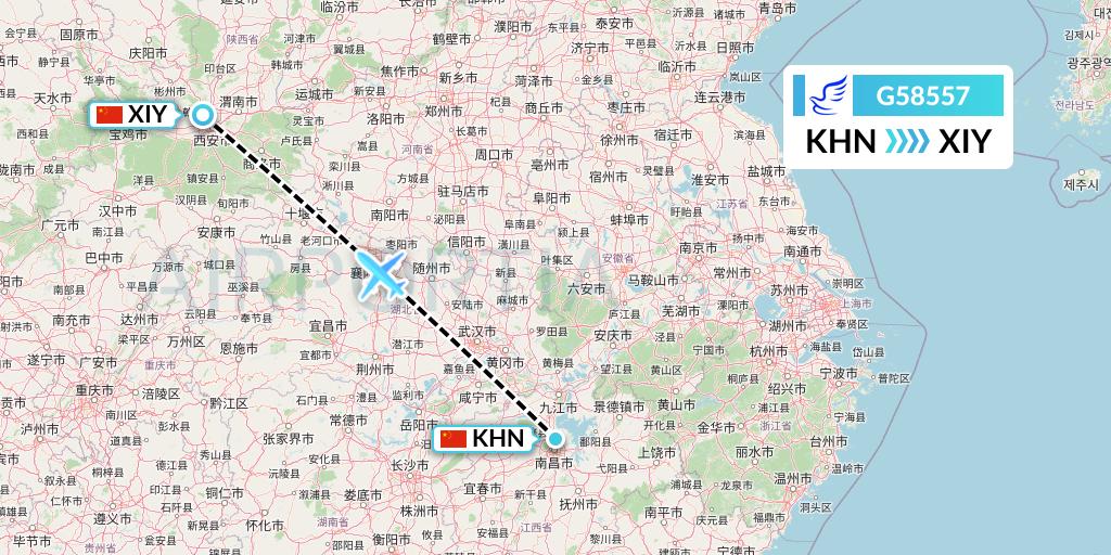 G58557 China Express Airlines Flight Map: Nanchang to Xi'an