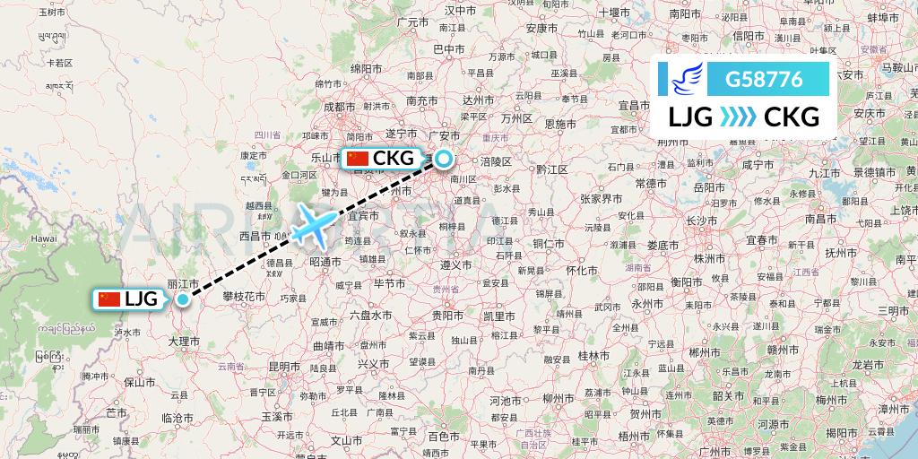 G58776 China Express Airlines Flight Map: Lijiang to Chongqing