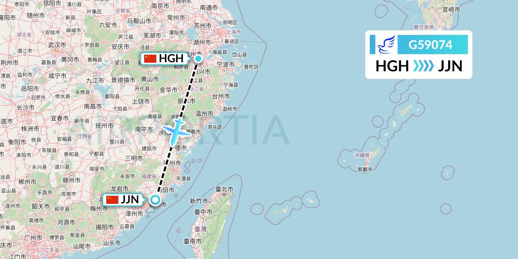 G59074 China Express Airlines Flight Map: Hangzhou to Jinjiang