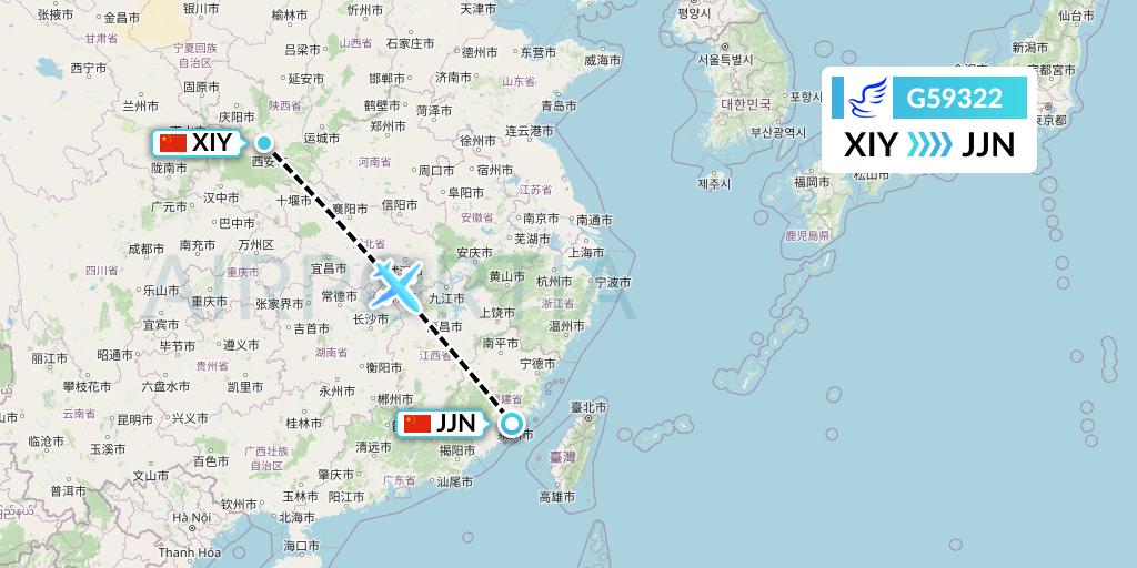 G59322 China Express Airlines Flight Map: Xi'an to Jinjiang