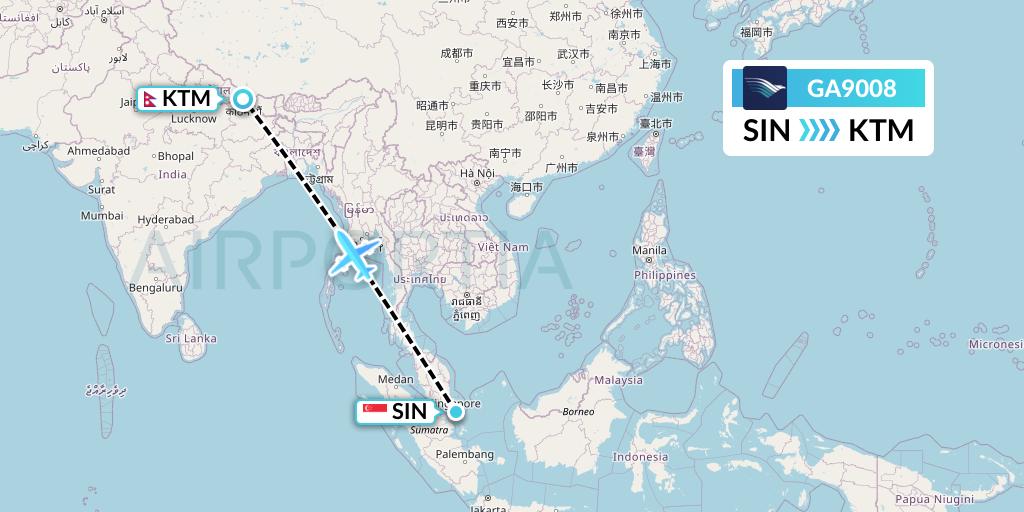 GA9008 Garuda Indonesia Flight Map: Singapore to Kathmandu