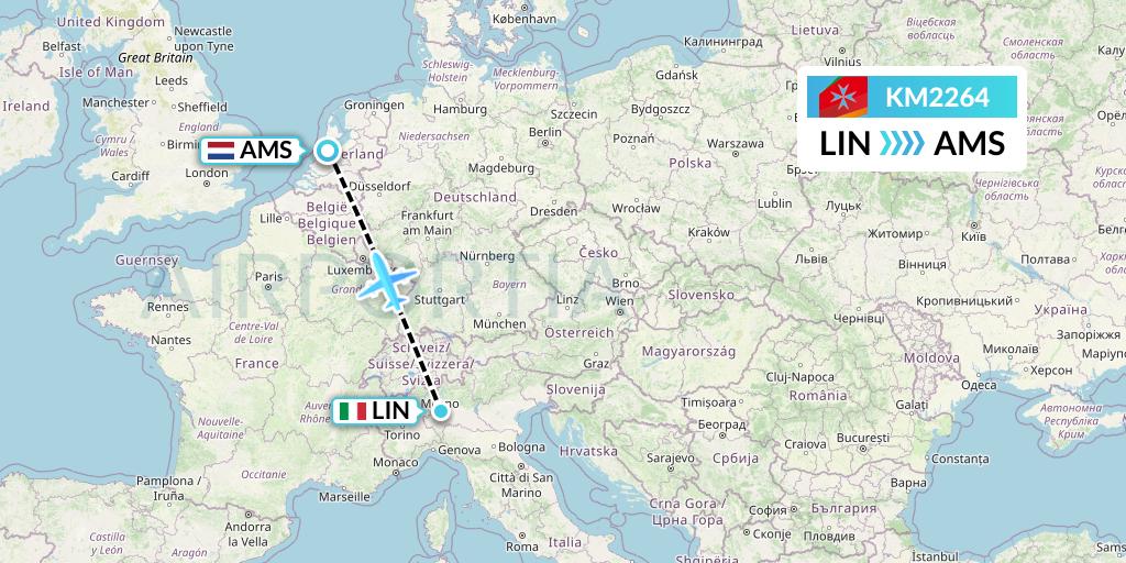 KM2264 Air Malta Flight Map: Milan to Amsterdam