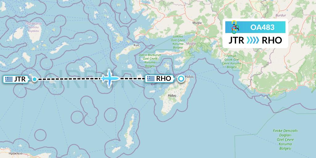 OA483 Olympic Air Flight Map: Santorini to Rhodes