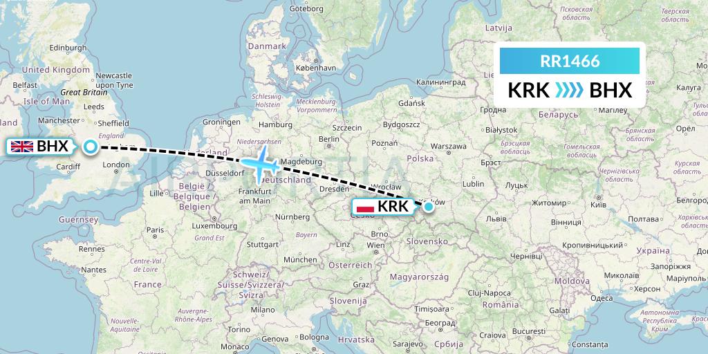 RR1466 Royal Air Force Flight Map: Krakow to Birmingham