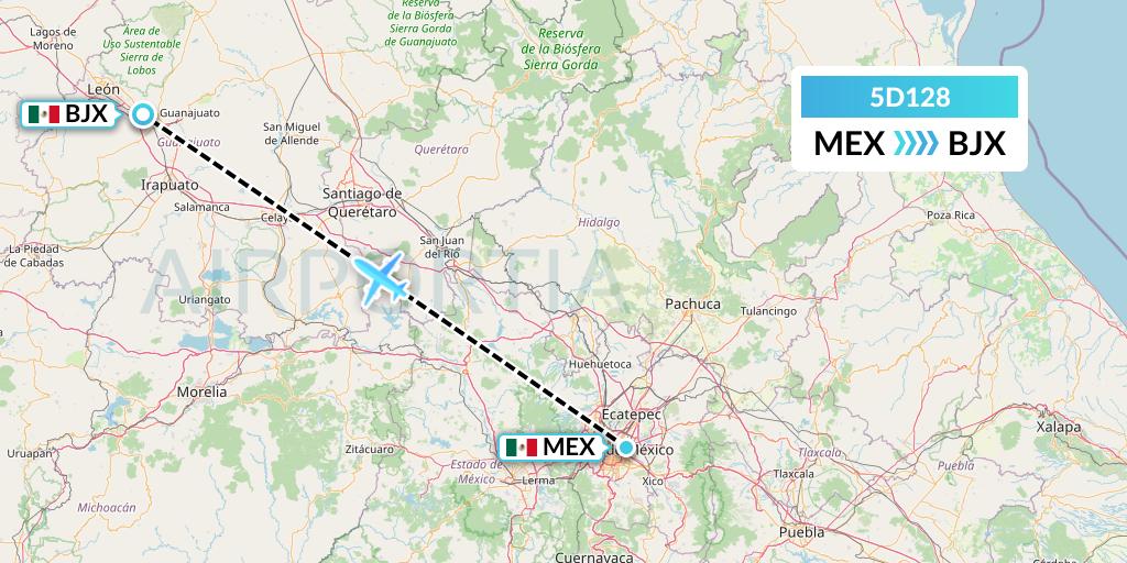 5D128 Aeromexico Connect Flight Map: Mexico City to Silao