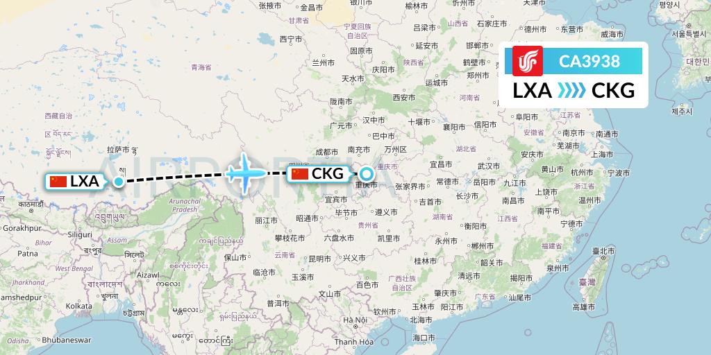 CA3938 Air China Flight Map: Lhasa to Chongqing
