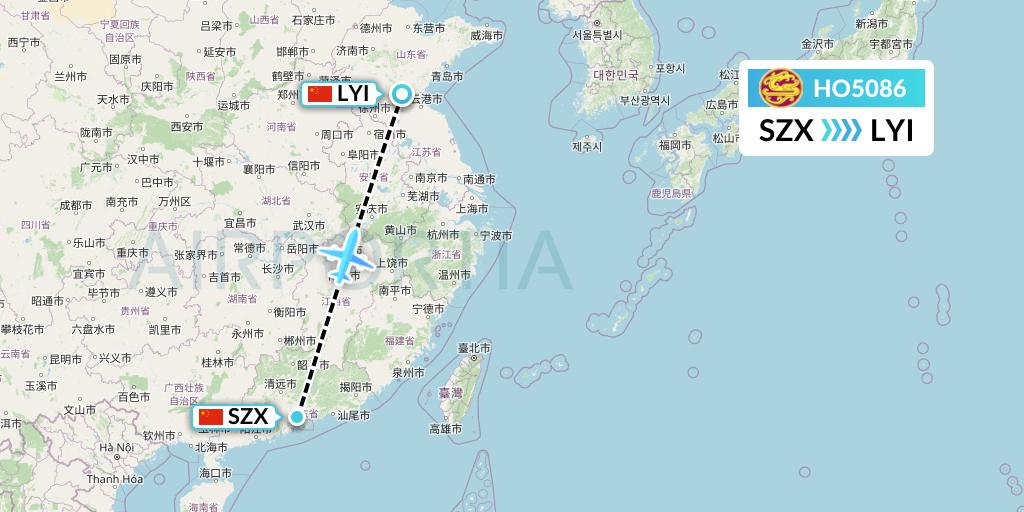 HO5086 Juneyao Airlines Flight Map: Shenzhen to Linyi