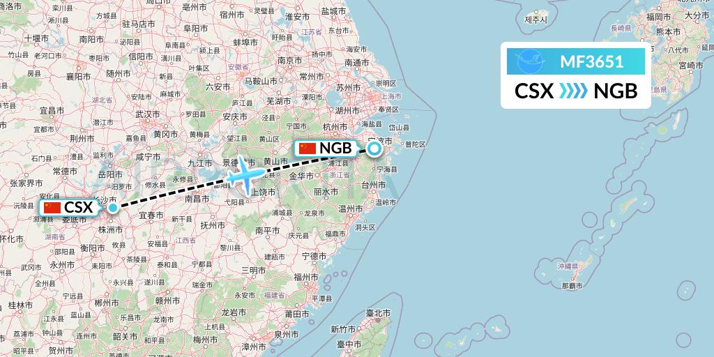MF3651 Xiamen Airlines Flight Map: Changsha to Ningbo