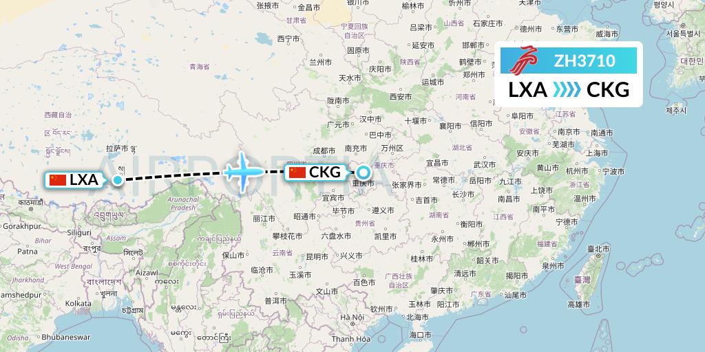 ZH3710 Shenzhen Airlines Flight Map: Lhasa to Chongqing