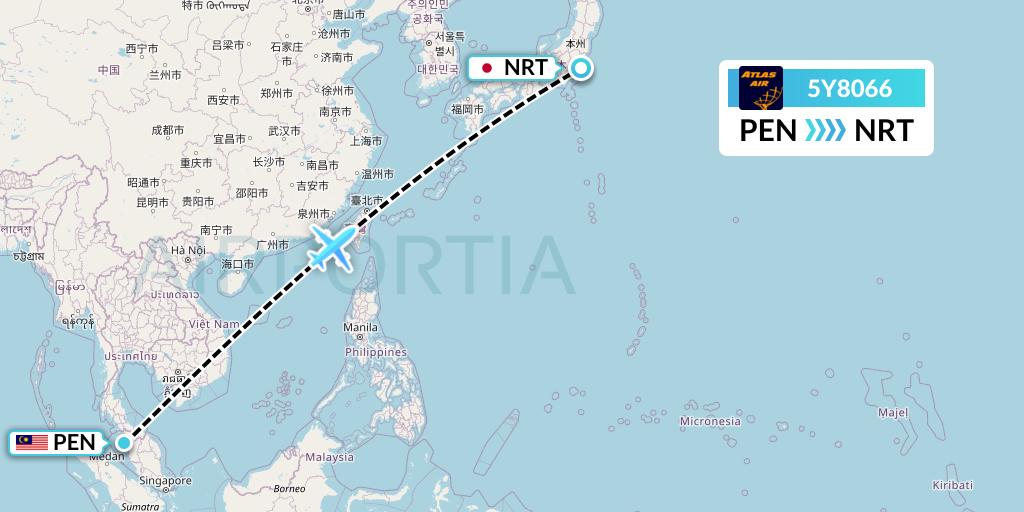 5Y8066 Atlas Air Flight Map: Penang to Tokyo