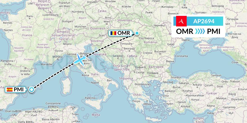 AP2694 AlbaStar Flight Map: Oradea to Palma de Mallorca