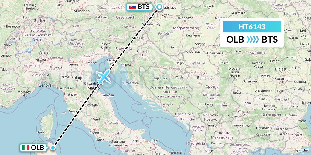 HT6143 Ningxia Cargo Airlines CO.,LTD Flight Map: Olbia to Bratislava