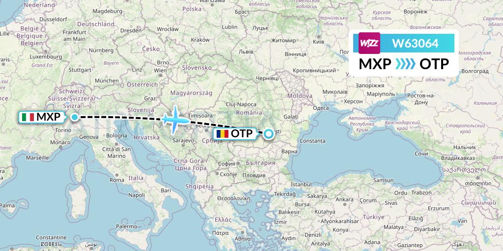 W63064 Wizz Air Flight Map: Milan to Bucharest