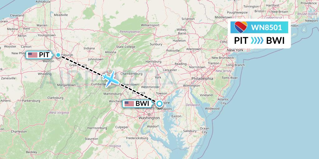 WN8501 Southwest Airlines Flight Map: Pittsburgh to Baltimore