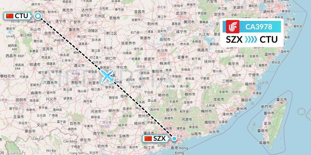CA3978 Air China Flight Map: Shenzhen to Chengdu