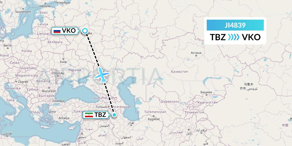 JI4839 Armenian Airlines Flight Map: Tabriz to Moscow