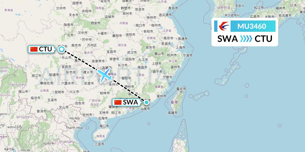 MU3460 China Eastern Airlines Flight Map: Jieyang to Chengdu
