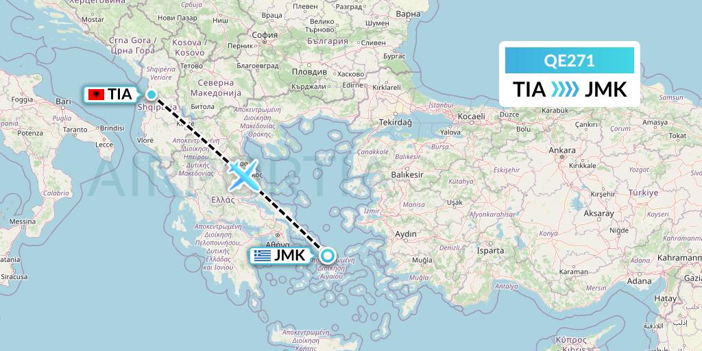 QE271 Air Moorea Flight Map: Tirana to Mykonos