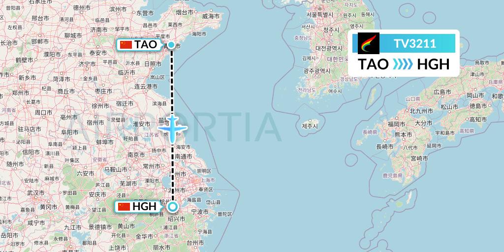 TV3211 Tibet Airlines Flight Map: Qingdao to Hangzhou