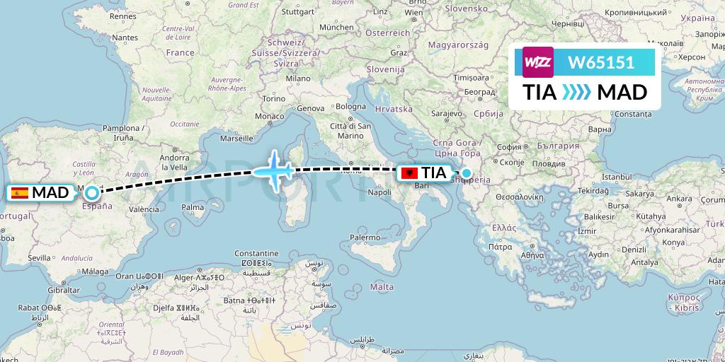 W65151 Wizz Air Flight Map: Tirana to Madrid