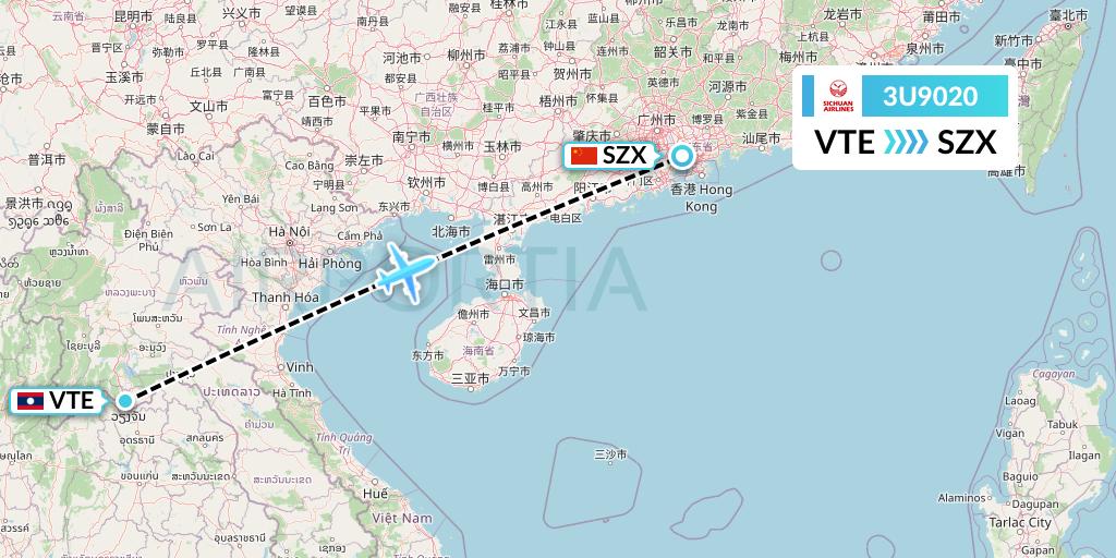 3U9020 Sichuan Airlines Flight Map: Vientiane to Shenzhen
