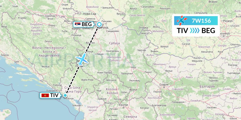 7W156 Windrose Airlines Flight Map: Tivat to Belgrade
