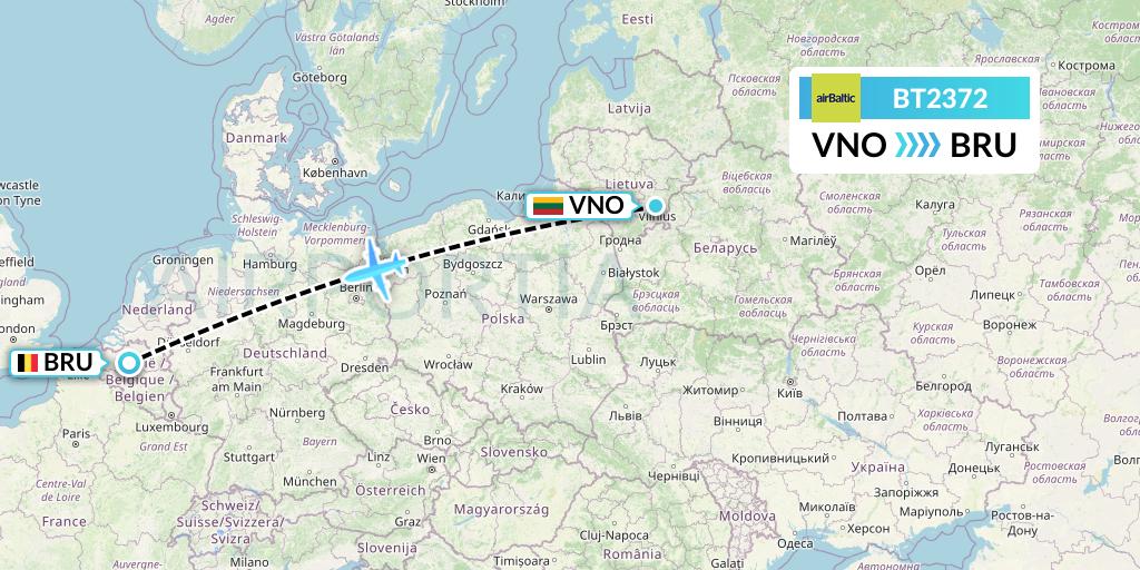 BT2372 Air Baltic Flight Map: Vilnius to Brussels