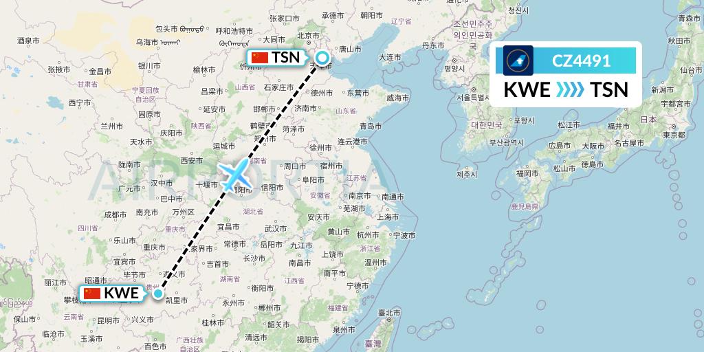 CZ4491 China Southern Airlines Flight Map: Guiyang to Tianjin