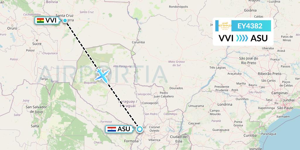 EY4382 Etihad Airways Flight Map: Santa Cruz to Asuncion