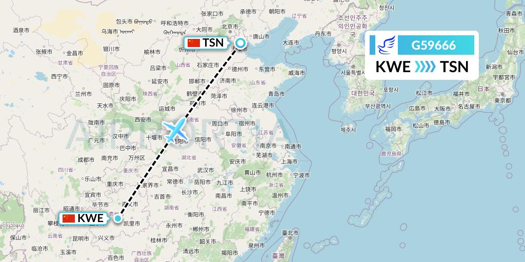 G59666 China Express Airlines Flight Map: Guiyang to Tianjin