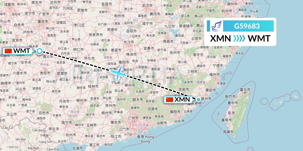 G59683 China Express Airlines Flight Map: Xiamen to Zunyi