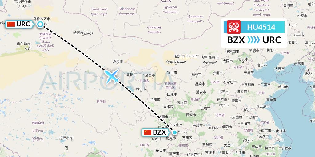 HU4514 Hainan Airlines Flight Map: Guangyuan to Urumqi
