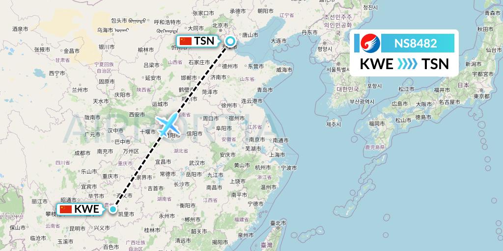 NS8482 Hebei Airlines Flight Map: Guiyang to Tianjin