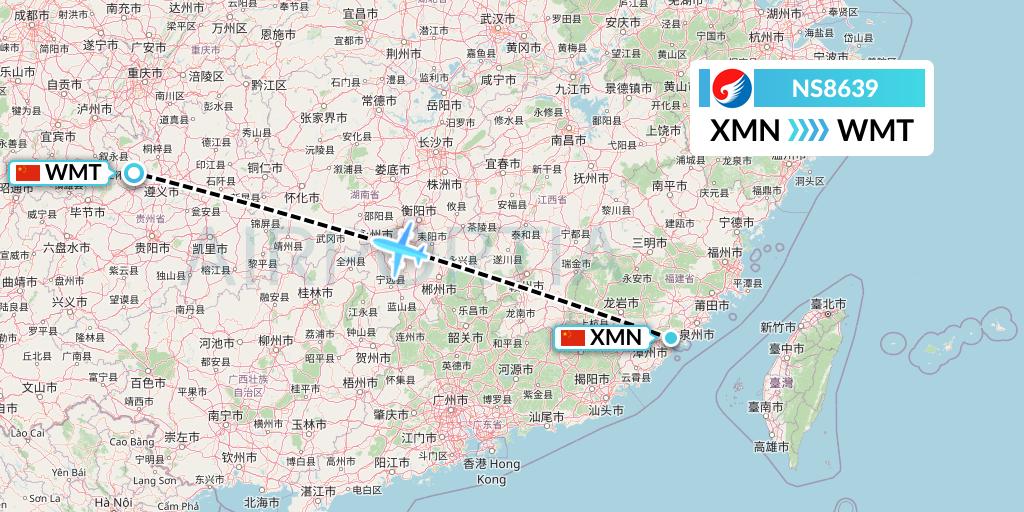 NS8639 Hebei Airlines Flight Map: Xiamen to Zunyi