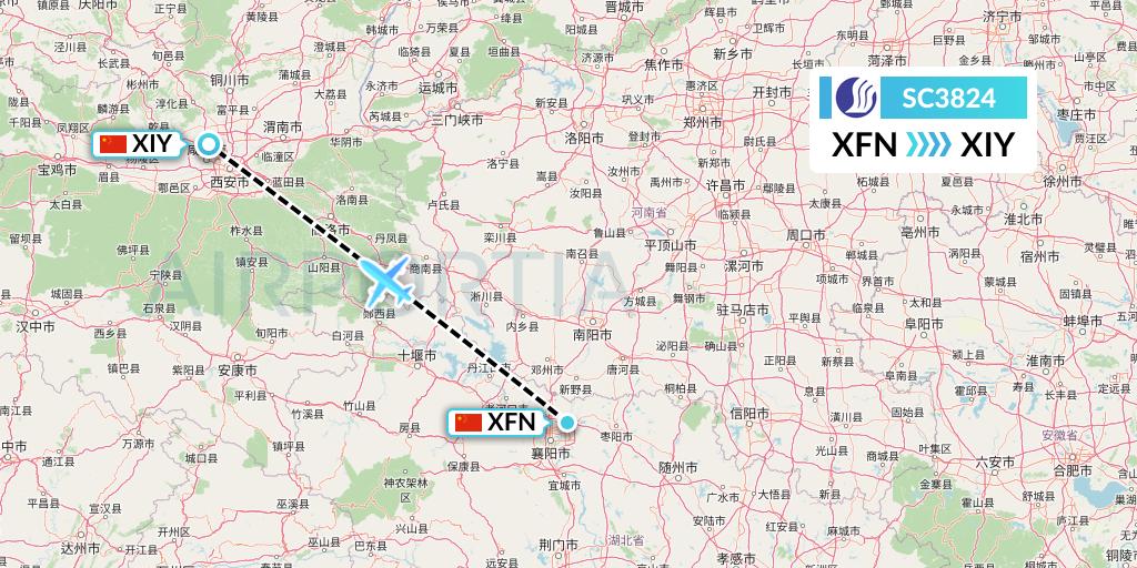 SC3824 Shandong Airlines Flight Map: Xiangyang to Xi'an