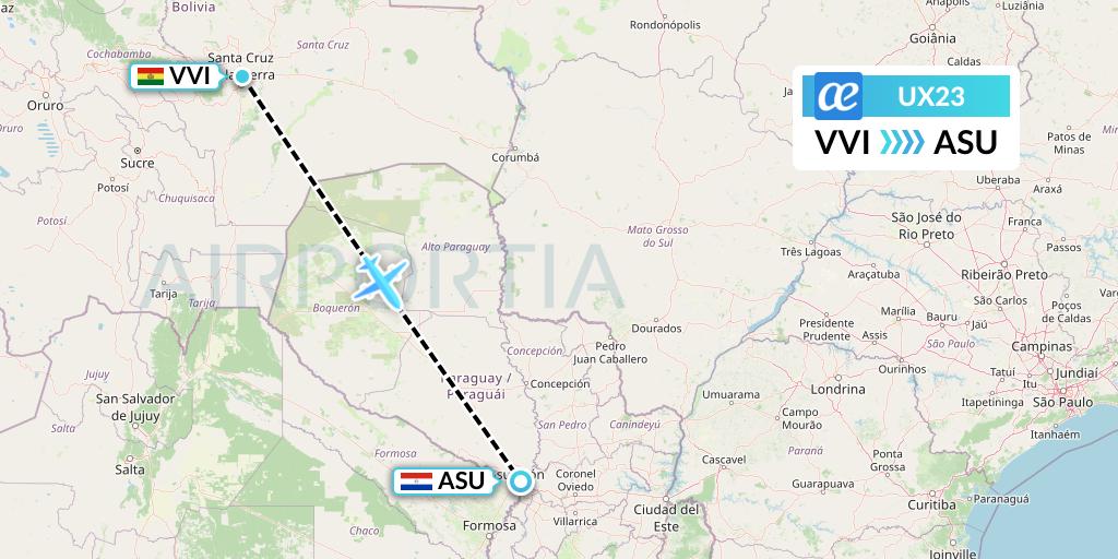 UX23 Air Europa Flight Map: Santa Cruz to Asuncion