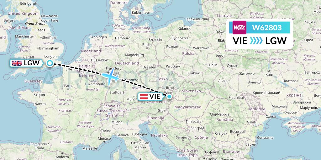 W62803 Wizz Air Flight Map: Vienna to London