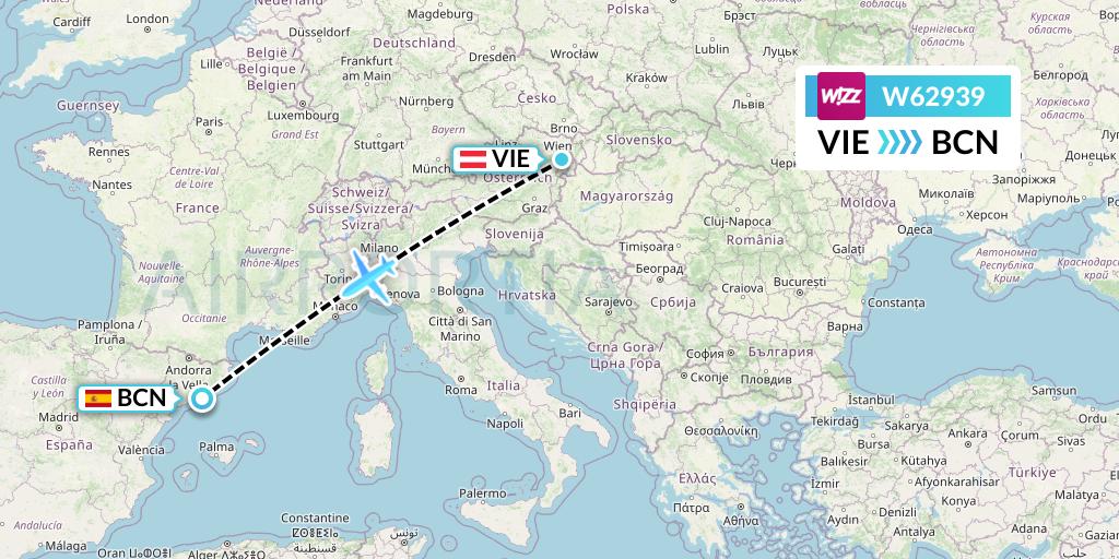 W62939 Wizz Air Flight Map: Vienna to Barcelona
